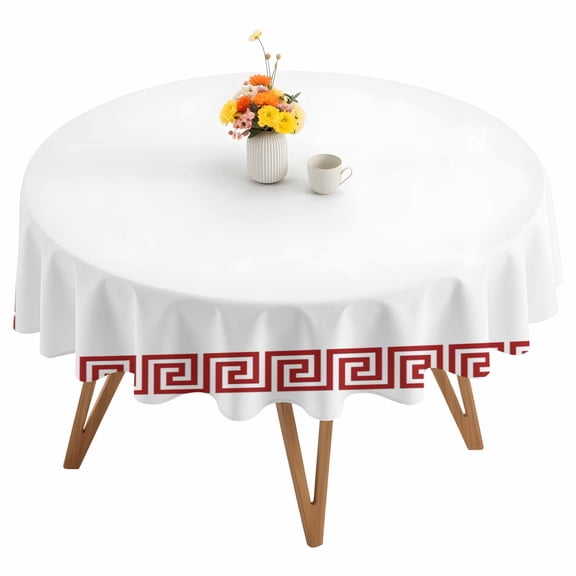Red Geometric Round Tablecloth 54 inches Greek Pattern Chinese Waterproof Oil-Proof Table Cloth Round Table Cover for Holiday Party Picnic Dinner Decor Indoor and Outdoor Use