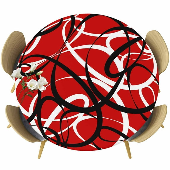 Red Geometric Round Tablecloth, Fitted Table Cover with Elastic for 36"-44" Round Tables, Modern Abstract Black White Striped Lines Table Cloth Outdoor Indoor Dinning Party Waterproof Tablecloths