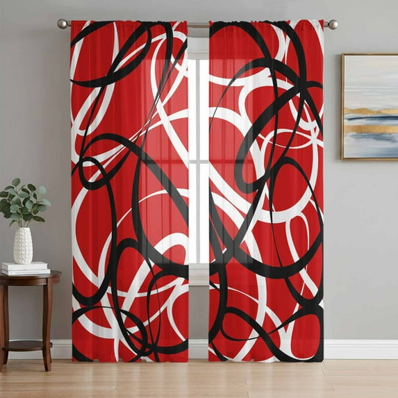 Red Geometric Semi Sheer Curtains 108 Inch Length 2 Panels Set, Modern Abstract Black White Striped Lines Sheer Kitchen Curtain Privacy Voile Window Curtain for Living Room Bedroom Rod Pocket Drapes
