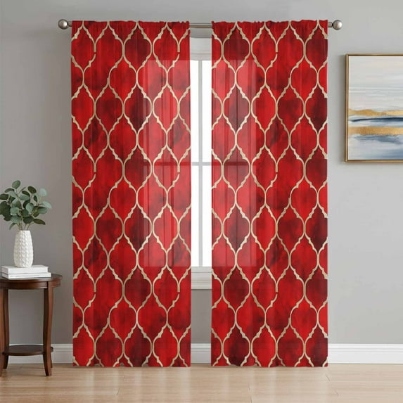 Red Geometric Semi Sheer Curtains 72 Inch Length 2 Panels Set, Modern Morocco Abstract Art Sheer Kitchen Curtain Privacy Voile Window Curtain for Living Room Bedroom Rod Pocket Drapes