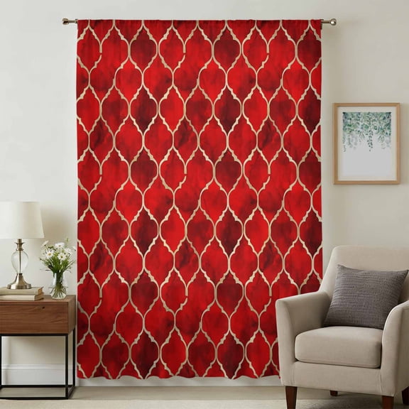 Red Geometric Sheer Curtains 63 Inches Long, Modern Morocco Abstract Art Light Filering Curtains, Breathable Simi Curtain Privacy Drapes for Living Room Bedroom Lightweight Window Treatment