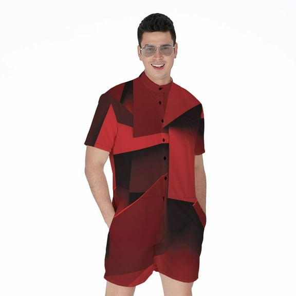Red Geometric Short Sleeve Men'S Rompers Casual Summer Jumpsuits Outfit