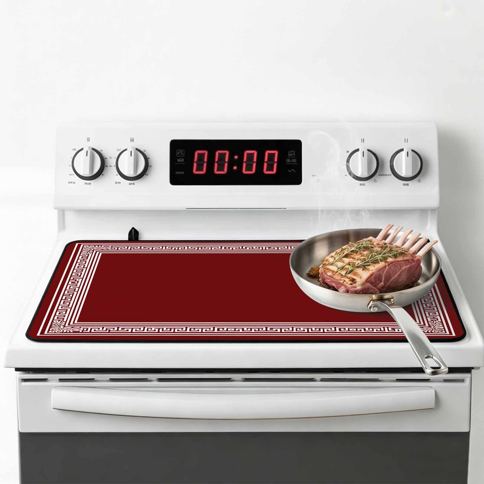 Red Geometric Stove Top Cover for Electric Stove, Heat-proof & Non Slip Glass Top Stove Cover Protector, Country Farm Traditional Chinese Tile Kitchen Flat Cooktop Rubber Mat 28.5x20.5 Inches