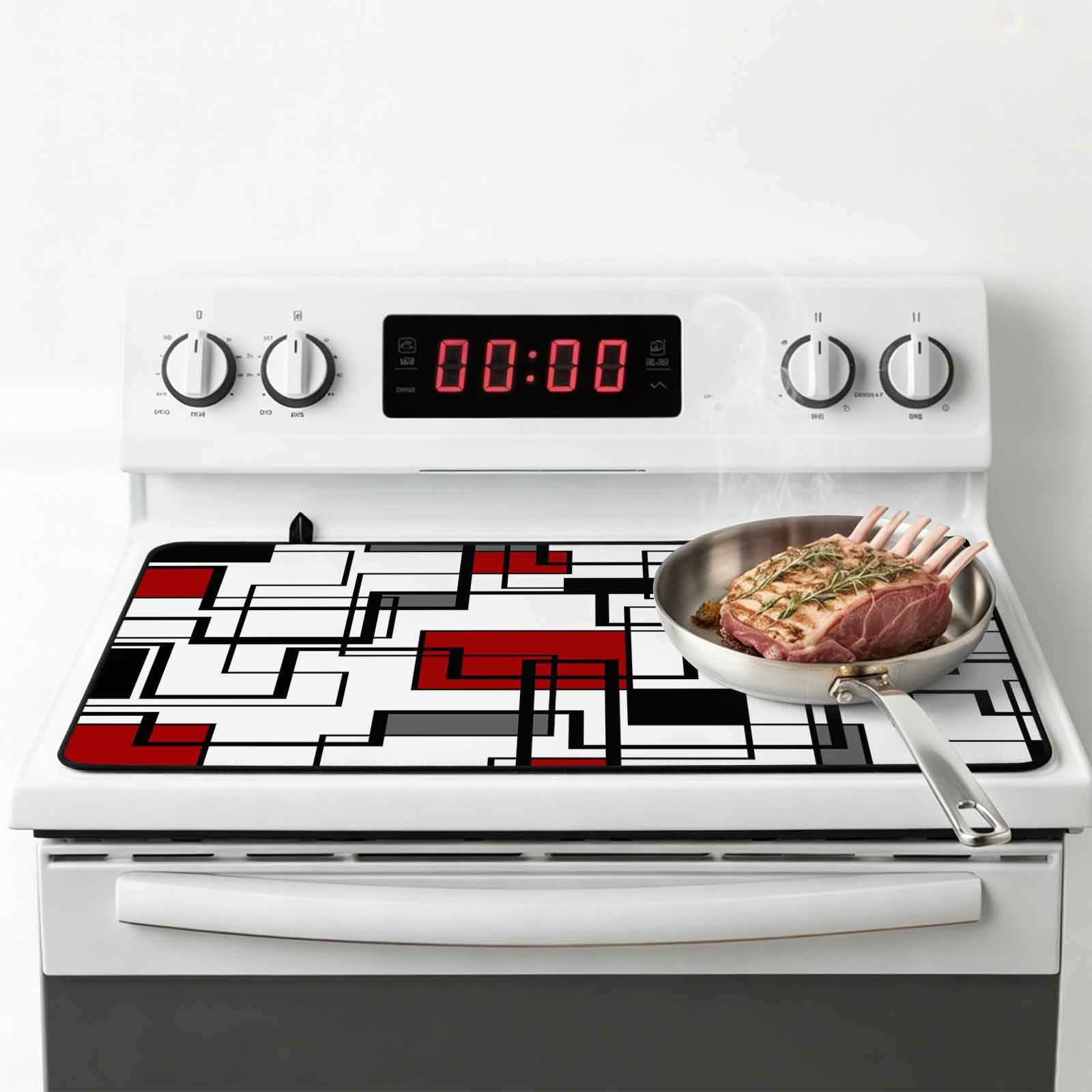 Red Geometric Stove Top Cover for Electric Stove, Heat-proof & Non Slip Glass Top Stove Cover Protector, Modern Black Gray Abstract Striped Art Kitchen Flat Cooktop Rubber Mat 28.5x20.5 Inches