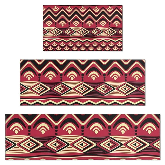Red Geometric Striped Pattern Kitchen Rugs Sets Of 3,Kitchen Runner Rugs Non Skid Washable,Decorative Kitchen Floor Mats for Kitchen,Sink,Laundry,17"x30"+ 17"x47" + 17"x59"