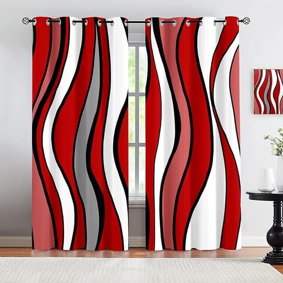 Red Geometric Stripes Blackout Curtains, Gray And White Water Art 3D Printed Drapes, Thermal Insulated Grommet Curtains For Living Room Kids Girls Bedroom 53"W x 96"L (Pack of 2)