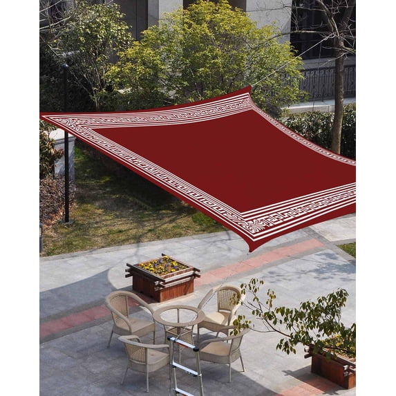 Red Geometric Sun Shade Sail 14'x18' Rectangle Outdoor Shade Canopy, Country Farm Traditional Chinese Tile Porch Shades Outdoor Sun Blocking Screen, Sunshade Cloth Covers for Patio/Deck/Garden
