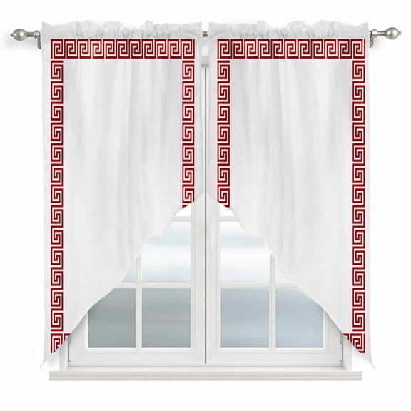 Red Geometric Swag Valances for Windows 36 inches Long, Greek Pattern Chinese Swag Curtains Privacy Light Filtering Curtain Tiers for Kitchen Bathroom 28" W x 36" L, 2 Panels