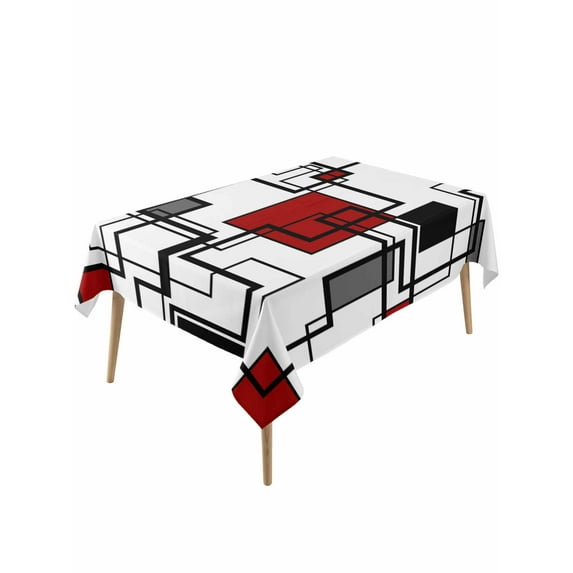 Red Geometric Table Cloth, Modern Black Gray Abstract Striped Art Waterproof Tablecloth for Rectangle Tables, Reusable Washable Fabric Table Cover for Restaurant Kitchen Dining Tables 60"x120"