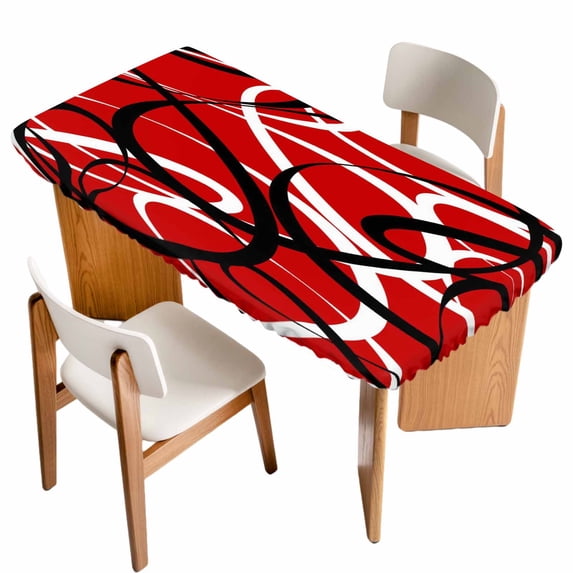 Red Geometric Table Cloths for 5 Foot Rectangle Tables, Modern Abstract Black White Striped Lines Patio Waterproof Elastic Fitted Tablecloths, Washable Rectangular Table Cover for Camping