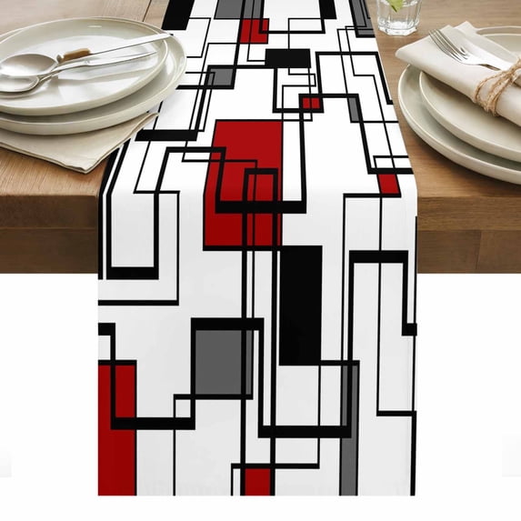 Red Geometric Table Runner - 48 Inch Long, Kitchen Dining Table Runner Dresser Scarves, Modern Black Gray Abstract Striped Art Farmhouse Decor for Coffee Tables Wedding Party Banquet