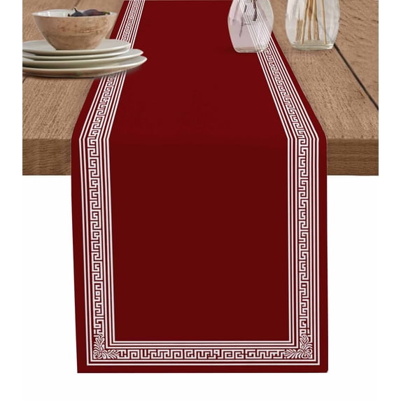 Red Geometric Table Runner Cotton Linen 48 Inch Holiday Dresser Scarves, Country Farm Traditional Chinese Tile Tablerunner for Kitchen Coffee Dining Bedroom Living Room Dinner Scarf Décor 13''x48''