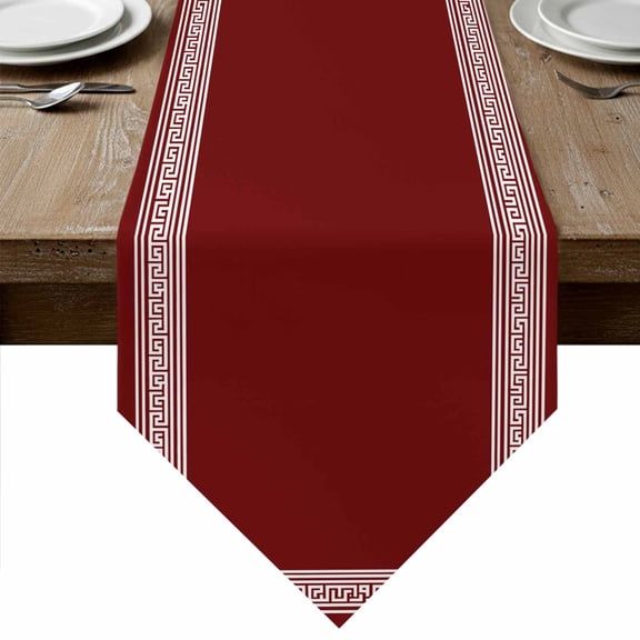 Red Geometric Table Runner Linen Burlap Table Runner 90 Inches Long Country Farm Traditional Chinese Tile Dresser Scarves for Kitchen Island Coffee Dining Party Wedding Banquet Holiday Decor 13"x90"