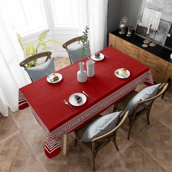 Red Geometric Table cloth Waterproof Tablecloths, White Greek Key Design Tablecloth Dining Table Cover Cloth for Kitchen Outdoor Tabletop Decor, Abstract Modern Art Rectangle Tablecloth 60x102 Inch