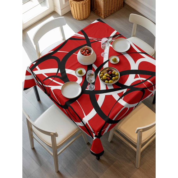 Red Geometric Tablecloth Square Table Cloth 54x54, Waterproof Tablecloth Outdoor Table Cloth, Modern Abstract Black White Striped Lines Washable Table Cover for Kitchen Dinning Party