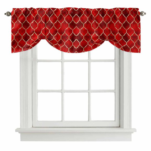 Red Geometric Tie Up Valance Curtains for Windows, Kitchen Curtains Window Shades, Modern Morocco Abstract Art Light Filtering Roman Curtain Valances for Bedroom/Bathroom/Cafe 42"x12"
