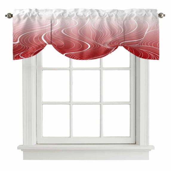 Red Geometric Tie Up Valance Curtains for Windows, Kitchen Curtains Window Treatments, Modern White Stripe Abstract Distortion Art Short Window Shades Valances for Bedroom Bathroom Cafe 42"x18"