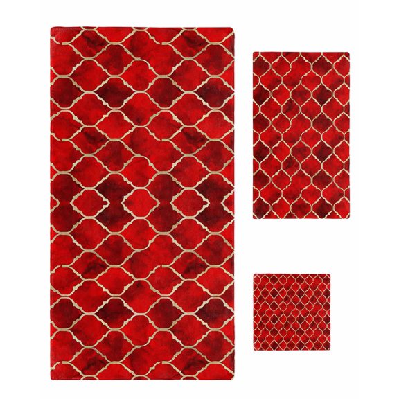 Red Geometric Towel Set of 3, Soft Microfiber Bath Towels, Hand Towel, Washcloths, Modern Morocco Abstract Art Quick-Dry Absorbent Towels for Bathroom Kitchen Hotel Beach Gym Spa
