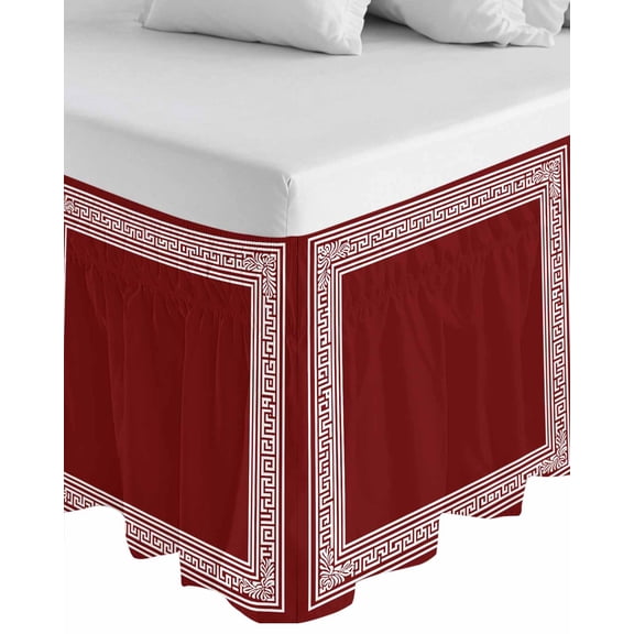 Red Geometric Wrap Around Bed Skirts for Queen Bed 16" Drop,Bed Skirt with Adjustable Elastic Belt Dust Ruffle Bed Valance for Bedroom Hotel Country Farm Traditional Chinese Tile Bed Frame Cover