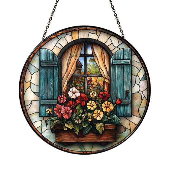 Red Geranium Botanical Stained Glass Style Suncatcher Window Hanging Decor, Floral Decorative Glass Panel Art Window Ornament