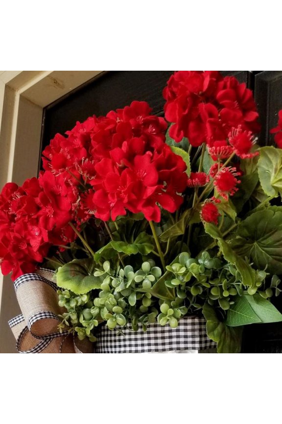 Red Geranium Bucket Spring Wreaths Summer Wreath, Artificial Daisy Flower Garland for Front Door