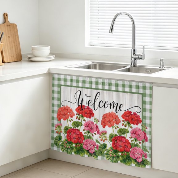 Red Geranium Clusters Cabinet Curtain, Rustic Floral Green Gingham Check Border Sink Skirt for Bathroom, Under Sink shelf Curtain Privacy Drape for Kitchen Laundry Room 11x13in