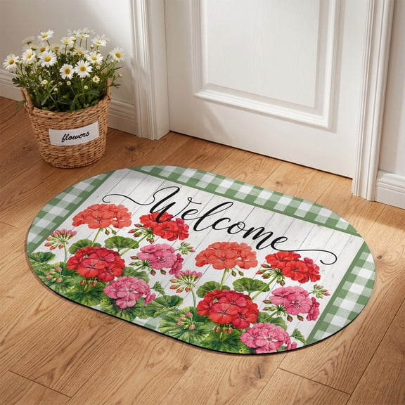 Red Geranium Clusters Oval Diatomaceous Earth Doormat, 16"x24" Rustic Floral Green Gingham Check Border Absorbent Quick Dry Irregular Door Mat Floor Mat Entryway Rug for Bathroom Kitchen
