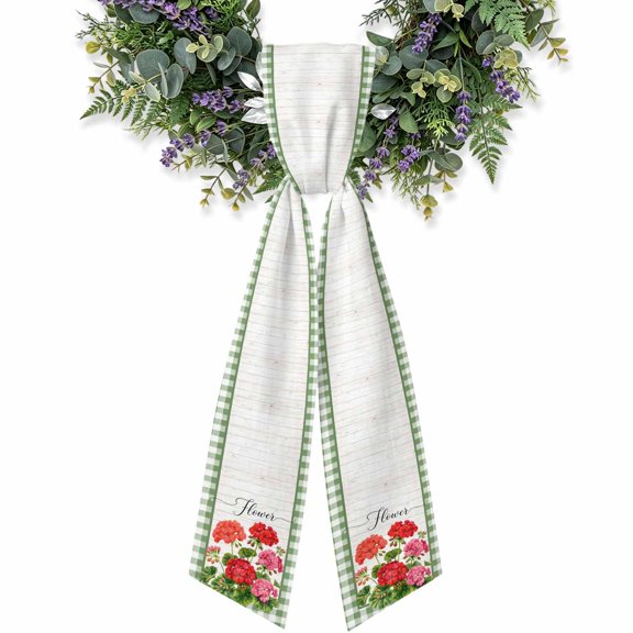 Red Geranium Clusters Wreath Sash for Front Door 4.5"x56", Rustic Floral Green Gingham Check Border Double-Sided Bow Ribbon Decor for Wreaths, Stair Railings, Fireplace Mantel