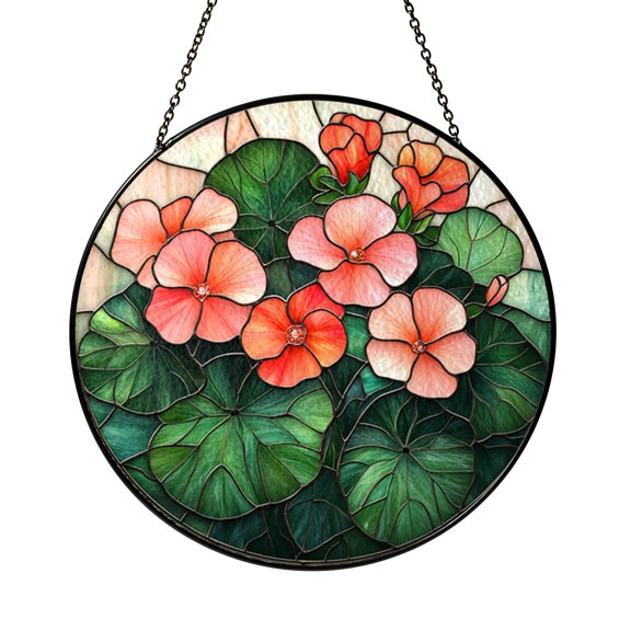 Red Geranium Floral Glass Suncatcher Window Decor Cheerful Home Accent Meaningful Gift