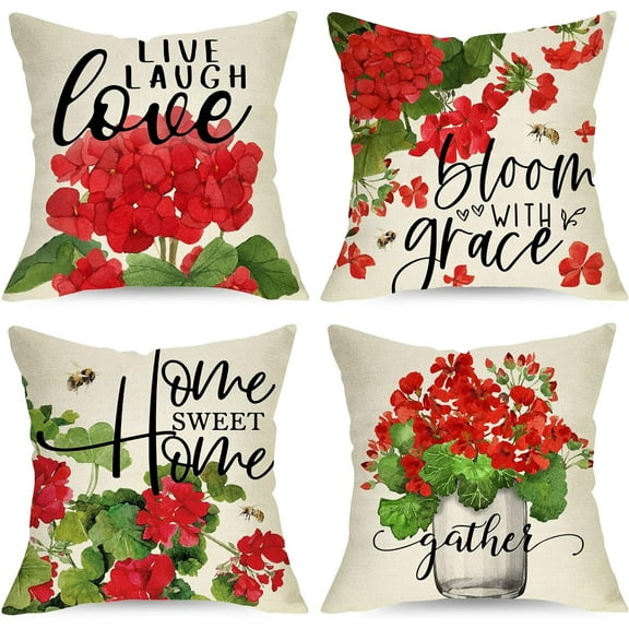 Red Geranium Flower Decorative Throw Pillow Covers 16 x 16 Set of 4, Sweet Home Floral Bloom Spring Summer Cushion Case Decor, Live Laugh Love Plant Botanical Decoration for Sofa Couch