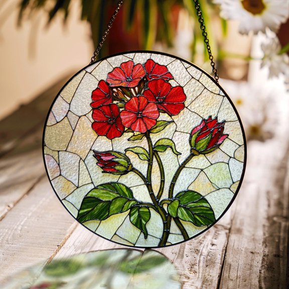 Red Geranium Flower Stained Glass Round Suncatcher Window Decor Gift for Gardener Mom
