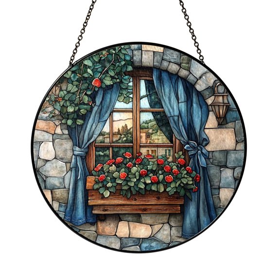 Red Geranium Flower Stained Glass Style Suncatcher Window Decor, Bright Floral Nature Gift
