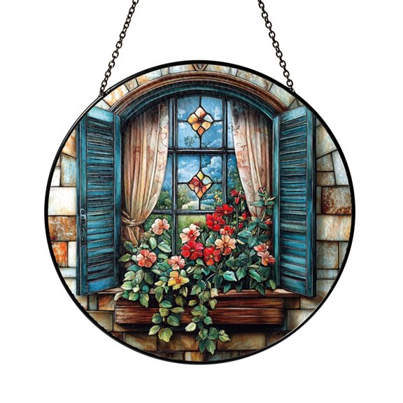 Red Geranium Flower Stained Glass Style Suncatcher Window Hanging Decor, Botanical Floral Decorative Glass Panel Art Window Ornament Garden Home Decor Gift