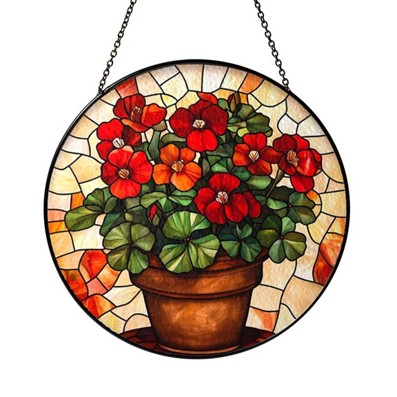 Red Geranium Glass Suncatcher, Vibrant Floral Window Hanging Decor for Lucky Home Styling