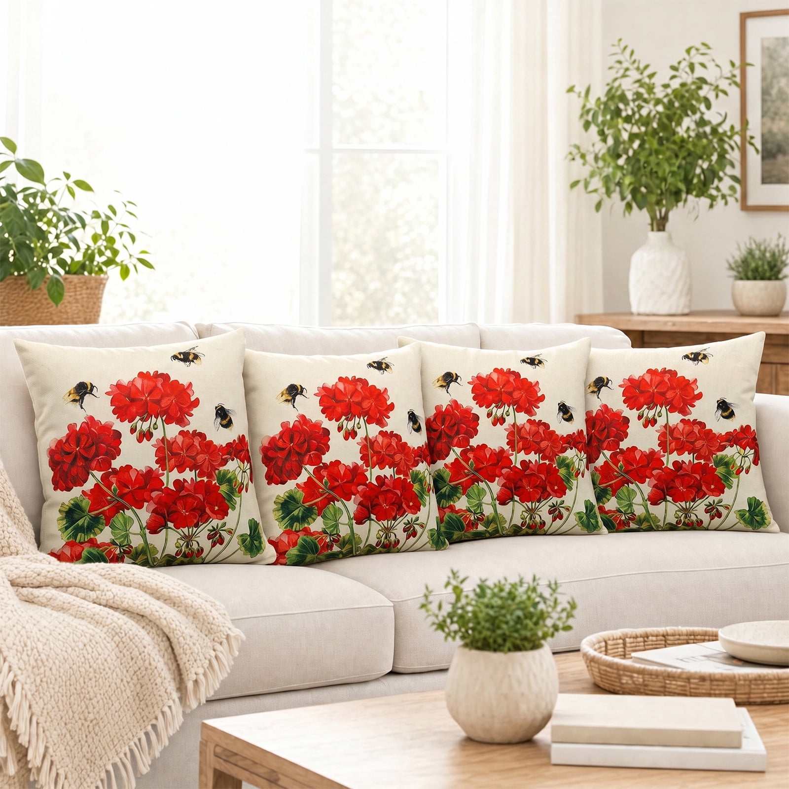Red Geranium Pillow Cover 18x18 Inch Set of 4, Waterproof Outdoor ...