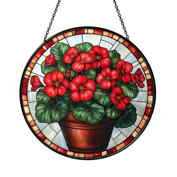 Red Geranium Stained Glass Suncatcher – Bright Floral Window Decor