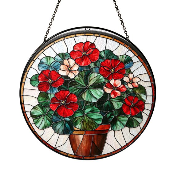 Red Geranium Stained Glass Window Hanging Floral Botanical Design Featuring Geranium Blooms Decorative Glass Suncatcher for Home Interior Window Display