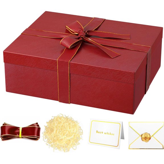 Red Gift Box 16.5''x13''x5.5'' - Large Gift Boxes with Lid for Presents Packaging, Birthday, Christmas, Wedding, Anniversary, Big Gift Box with Ribbon, Shred Filler, Card, Wax Seal (Red)