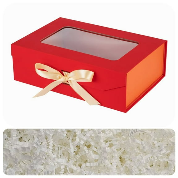 Red Gift Box for Presents with Ribbon 10.8x7.5x3.5 Inches Clear Gift Box with Window Magnetic Closure Gift Boxes with Lids(Included Crinkle Cut Paper)