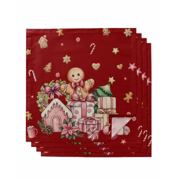 Red Gingerbread Christmas Cloth Napkins Set of 4 Reusable Dinner Napkins, Xmas Tree Gift House Star Cocktail Napkin Washable Table Napkins for Wedding/Holiday Party/Baby Shower 20"x20"