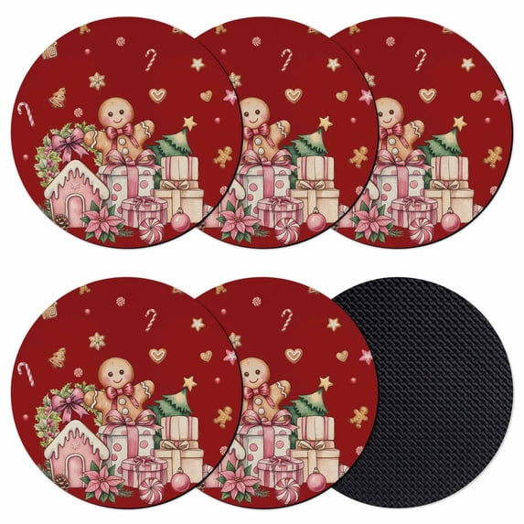 Red Gingerbread Christmas Coasters Set of 6, Absorbent Coasters for Drinks, Xmas Tree Gift House Star Coaster for Desk Coffee Table Protection, Home Decor House Warming Gifts 4"