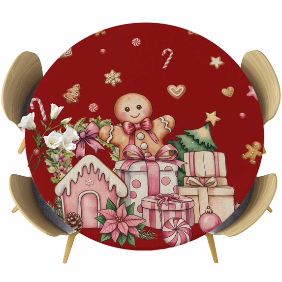 Red Gingerbread Christmas Round Tablecloth, Fitted Table Cover with Elastic for 36"-44" Round Tables, Xmas Tree Gift House Star Table Cloth Outdoor Indoor Dinning Party Waterproof Tablecloths