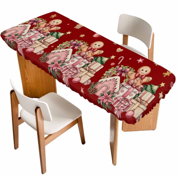 Red Gingerbread Christmas Table Cloths for 8 Foot Rectangle Tables, Xmas Tree Gift House Star Patio Waterproof Elastic Fitted Tablecloths, Washable Rectangular Table Cover for Camping