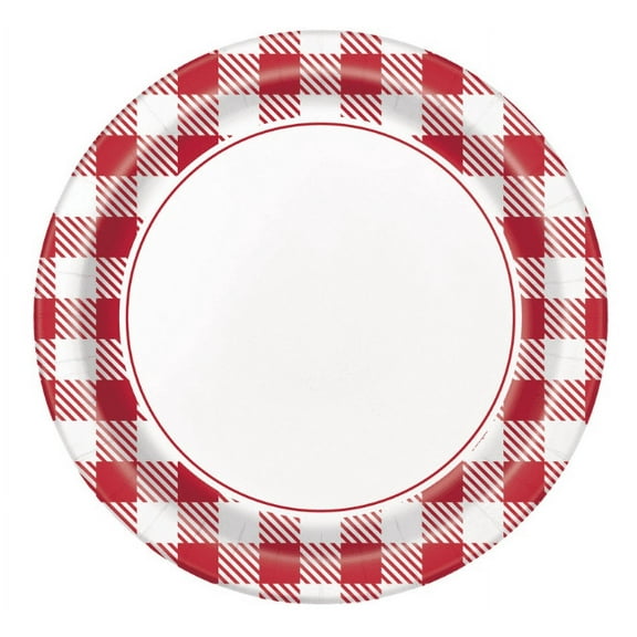 Red Gingham Border Round 9" Dinner Plates, 8ct