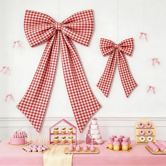 Red Gingham Bow Party Decor, Plaid Check Bow Wall Hanging Ornament for Backdrop Dessert Table Birthday Bridal Shower Decor