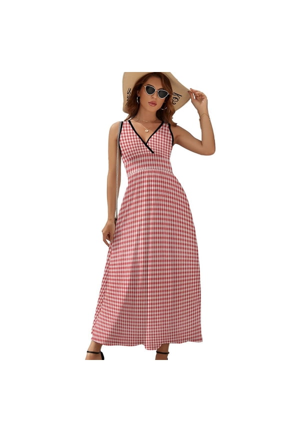 Red Gingham Check Dress Fashion Boho Beach Long Dresses Female Party Printed Maxi Dress