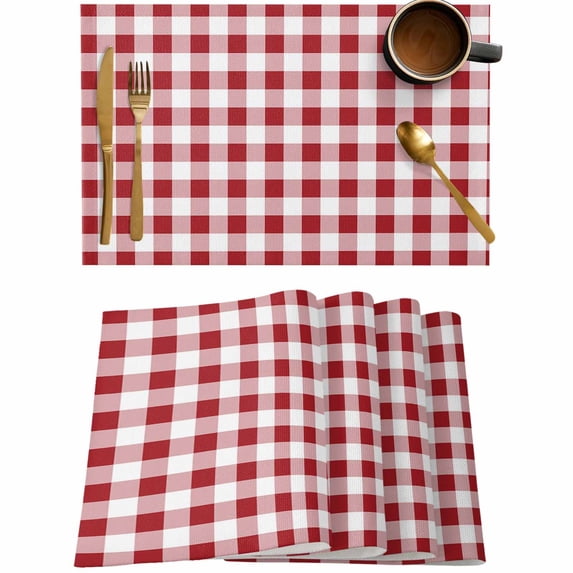 Red Gingham Check Placemats Set of 4,Wipeable Washable Table Mats for Dining Tables,Country Buffalo Plaid Place Mats for Kitchen Event Party Tabletop Decor