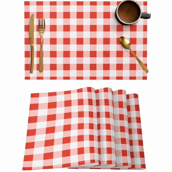 Red Gingham Check Placemats Set of 4,Wipeable Washable Table Mats for Dining Tables,Gradient Buffalo Plaid Place Mats for Kitchen Event Party Tabletop Decor