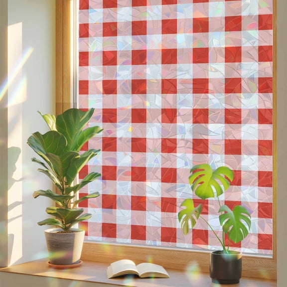 Red Gingham Check Window Privacy Film, Rainbow Film Decorative Window Sticker 17.7x39.3in, Gradient Buffalo Plaid Sun Blocking Static Stained Glass Cling Tint Non-Adhesive