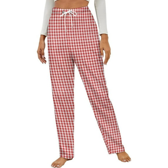 Red Gingham Check Winter Female Pants Flannel High Waist Women Pants Lady Warm Straight Leg Plush Trousers